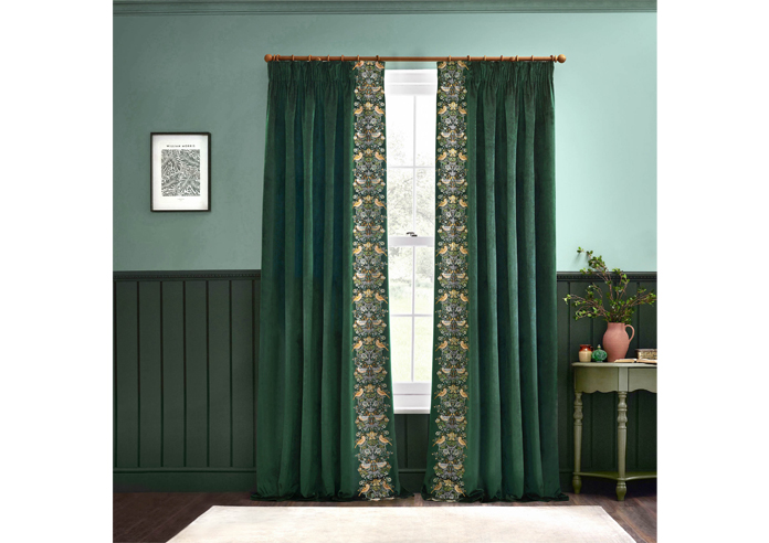 Strawberry Thief Embroidery Pencil Pleat, Forest Green - Ready Made Curtains - Image 7